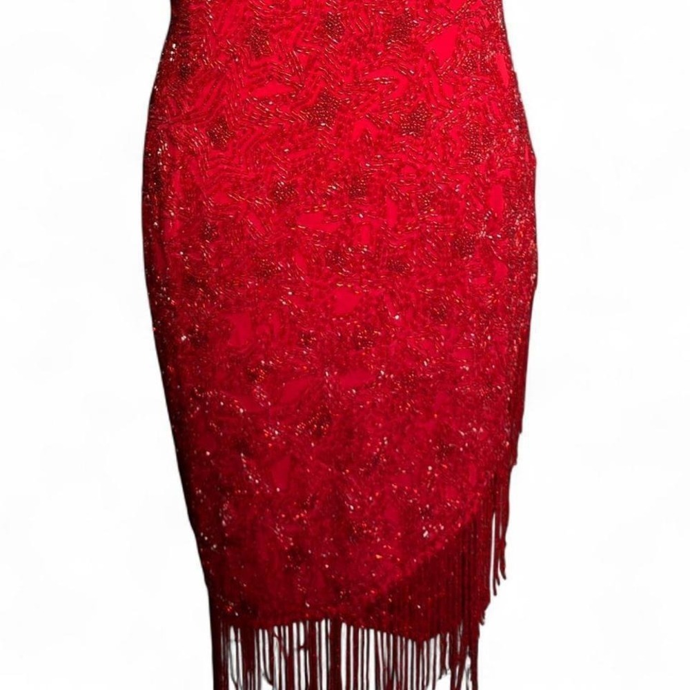 Vintage red beaded fringe dress Oleg Cassini petite Gatsby flapper sequin - Picture 4 of 7